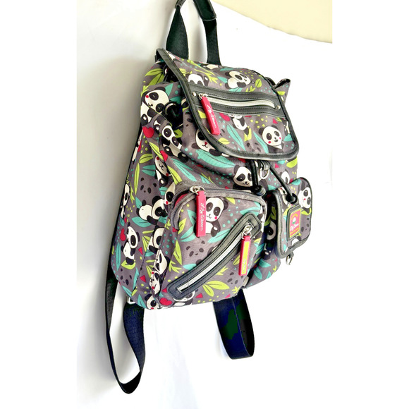 LILY BLOOM Gray/Multi "Panda Pop" Drawstring Mini Flap Front Backpack - Picture 4 of 8